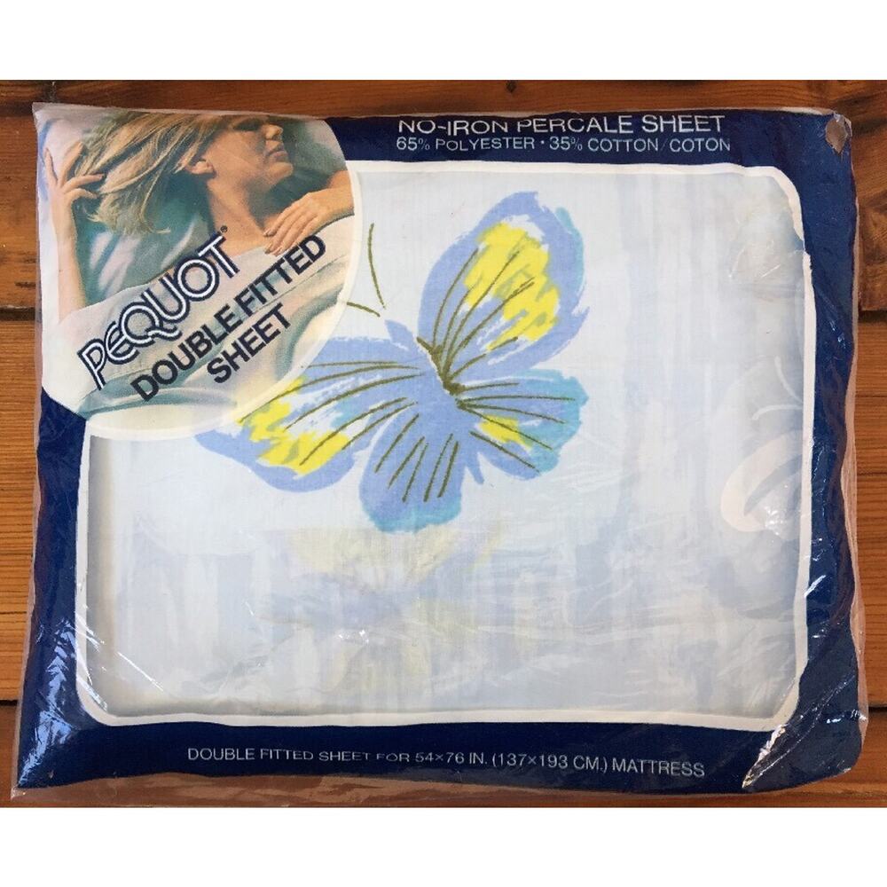 NEW Vtg Pequot No Iron Blue Flutter-Bye Butterflies Percale Double Fitted Sheet